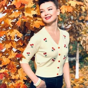 Bella Poque Cherries Embroidered 3/4 Sleeve VNeck Cropped Knit Cardigan in White
